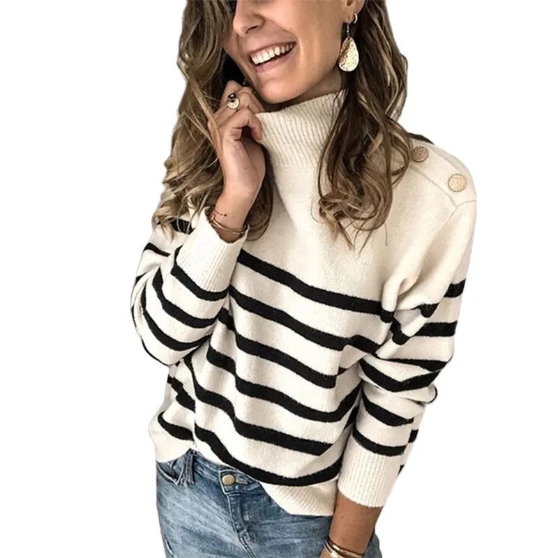 

Basic Women Pullover and Sweaters 2020 Autumn Winter Knitwear Turtleneck Oversized Shoulder Buckle Striped Sweater Lady Clothing