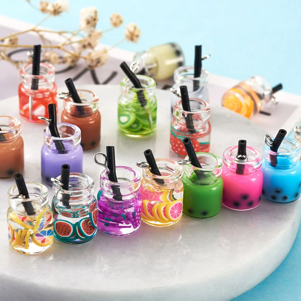 Hicarer 48 Pieces Resin Ice Cream Cup Charms Pendants Colorful Glass Fruit  Drink Cup Bottle Charms Fruit Tea Charms Mini Bottle Charm Pendants for DIY