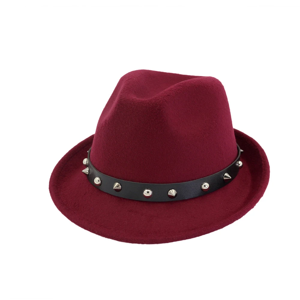 Модная женская и Мужская шерстяная шляпа Fedora с панковской лентой с заклепками элегантная женская шляпа размер 56-58 см - Цвет: Wine Red