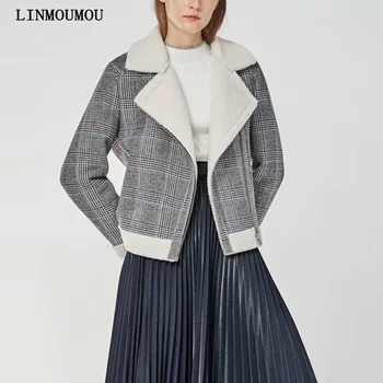

Autumn and winter new women's coat lapel elegant zipper cashmere coat plaid cotton casual short coat