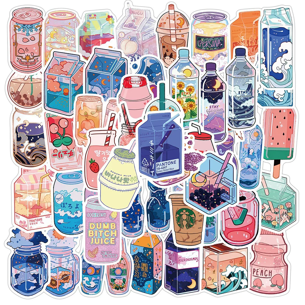 Pegatinas de bebidas con sabor a PVC Kawaii para chica, pegatinas de dibujos animados para chica, bricolaje, portátil, papelería, botella de agua, 50 Uds.
