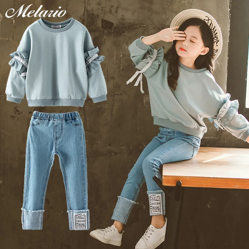 Melario/комплект джинсовой одежды для детей, повседневный Детский костюм из 2 предметов однотонные синие джинсы топы и штаны комплект для девочек-подростков, весенне-осенний спортивный костюм