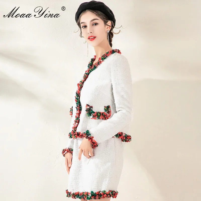 MoaaYina модный дизайнерский костюм весна осень женский v-образный вырез длинный рукав аппликация топ+ короткая юбка элегантный комплект из двух предметов