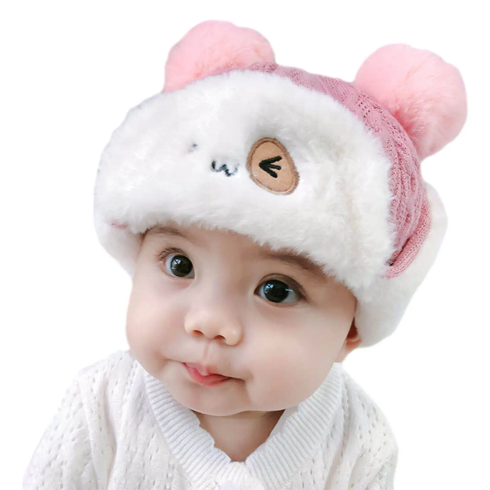 

BY Kids Winter Hat, Cartoon Pattern Baby Cap Earmuffs Hat with Fuzzy Balls for Girls Boys, White/Pink