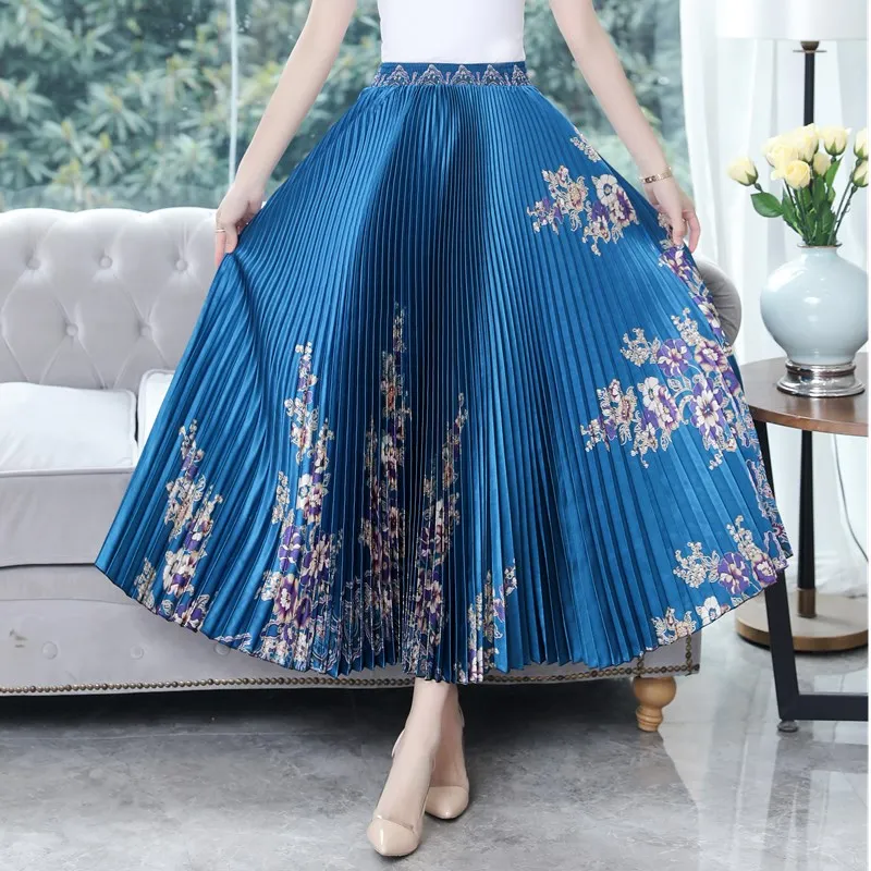 

OUSHANG glossy print pleated Embroidery skirt large size high waist temperament was thin large pleated skirt 2020 women's