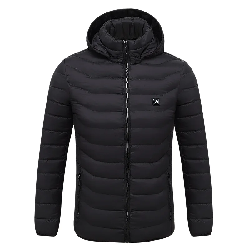 Куртки с электрическим подогревом, мужская куртка с USB подогревом, зимняя однотонная парка для мужчин, с длинным рукавом, с капюшоном, термобелье, зимнее Мужское пальто - Цвет: Черный