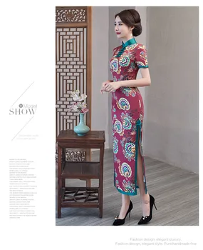 

New Style Improvement Cheongsam Long With Short Sleeves Dress Temperament Qipao skirt Flower Pattern Cheongsam Printed Vestido