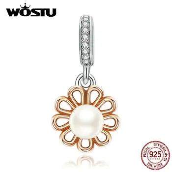 

WOSTU New 925 Sterling Silver Rose Golden Sunflower Pendant Charms Fit Women Bracelet & Necklace Wedding Party Gift CQC1268