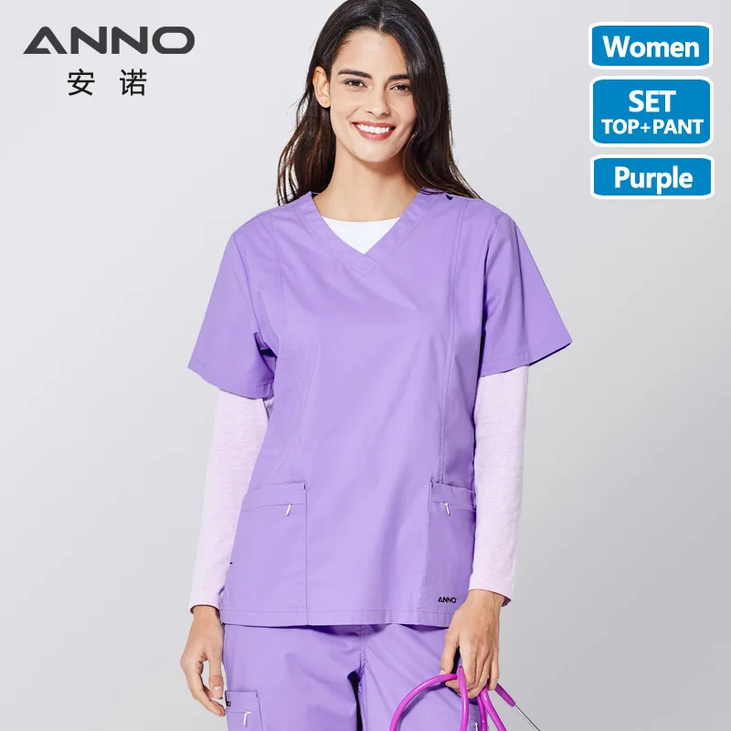 ANNO набор медицинских скрабов для тела, униформа медсестры для женщин, клиническая одежда, рубашка, брюки, салон красоты, Wok, одежда для кормления, платье 116/120 - Цвет: Purple(ZiLuoLan)-Set