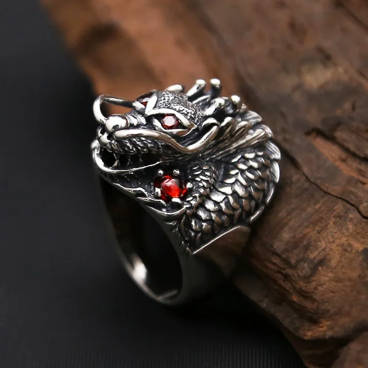 

Domineering Silver Plated Dragon Head Ring for Motorcycle Party Biker Ring Punk Style Red Stone Finger Ring Men Hip Hop Jewelry