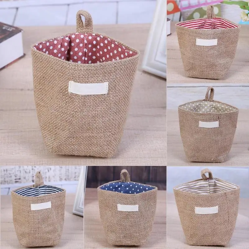 

Jute Storage Bag Basket Sundries Organizer with Handles Cotton Lining Sundries Box Mini Desktop Storage Hanging Bag For Toys