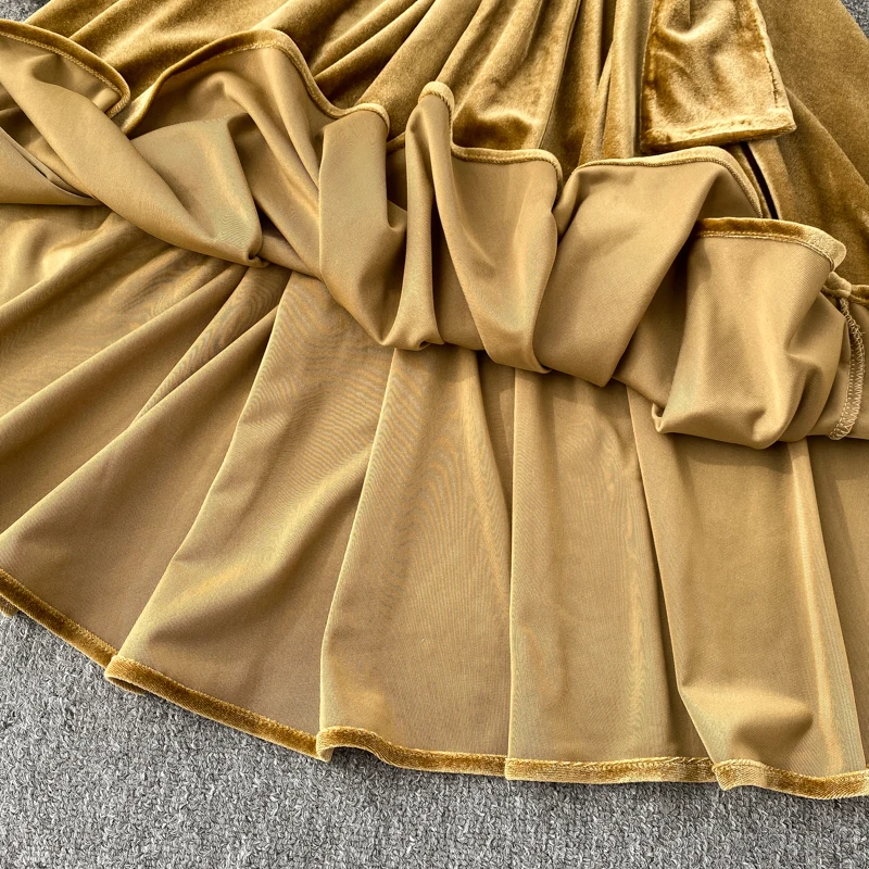 Gagarich женское платье в стиле ретро с длинным рукавом и сексуальным О-образным вырезом и поясом, Золотое бархатное женское элегантное платье, однотонное Vestidos Verano