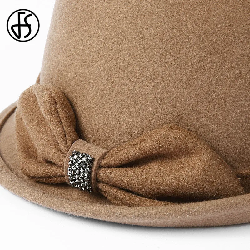 FS элегантный Для женщин шерсть фетровая шляпа с бантом женские, зимние, модные, плотные, фетровая шляпка шерстяная Шапки Ретро Повседневное Кепки Floppy Chapeu Feminino