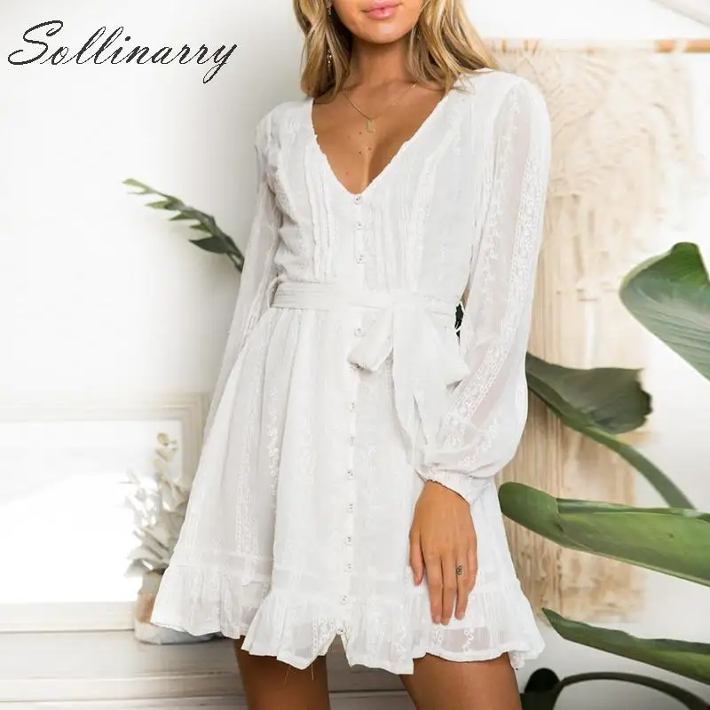 

Sollinarry Vintage Embroidery Women White Dress Autumn Long Sleeve Ruffles Casual Dresses Winter Female V Sexy Dress Vestidos