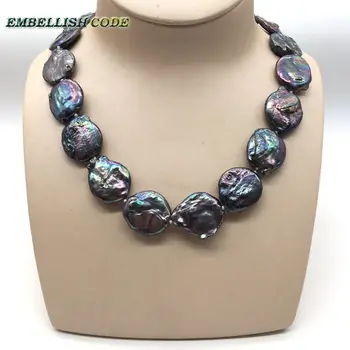 

Large Statement Necklace Black Blue Color Huge Flat Coin Button Shape Natural Freshwater Pearls So So Quality Party Jewery Rare