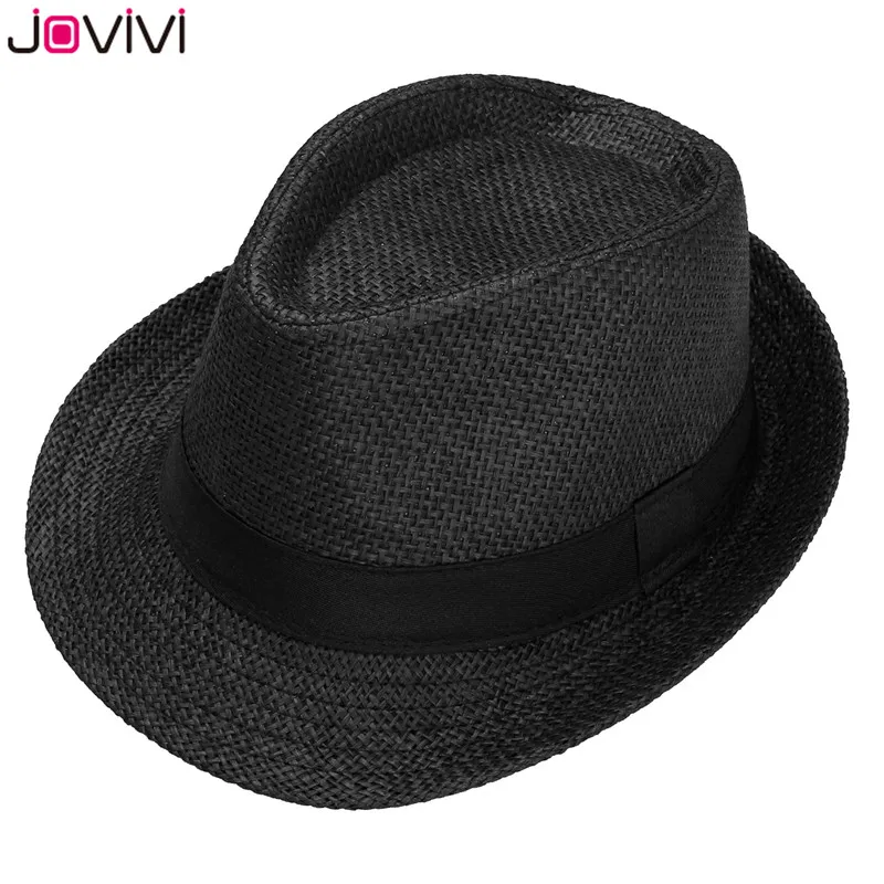 Jovivi 1x летняя соломенная фетровая шляпа унисекс с короткими полями, Пляжная солнцезащитная Кепка с черным поясом, шляпы для мужчин и женщин, джазовая шляпа, есть 4 цвета