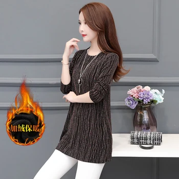

women casual long shirt o-neck long sleeve shimmer striped winter warm long shirt plus size t-shirt outwear