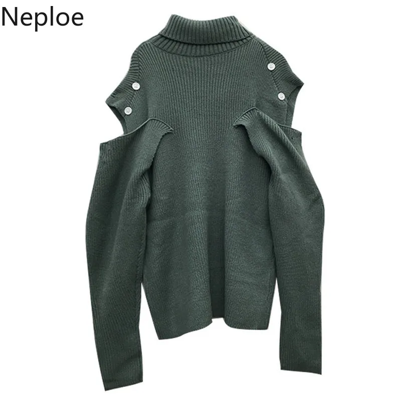 Neploe, водолазка, сексуальный, без бретелек, на плечах, дизайн, на пуговицах, свитер, однотонный, вязанный низ, Осень-зима, для женщин, Sueter, свободный, 47123