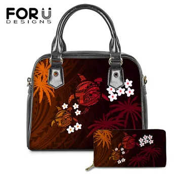 

FOURDESIGNS Gradient Maori Sea Turtle Plumeria Coconut Tree Pattern Luxury Women Fashion 3pcs Large Handbag Fashion Ladies Purse