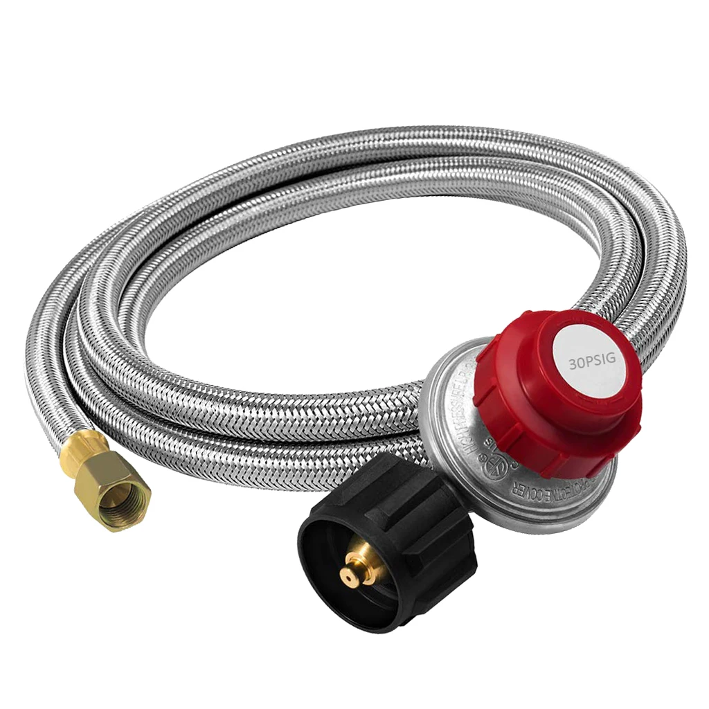 Stainless Braided Adjustable Propane Regulator W/ 4ft Hose QCC1/Type 1, fits most gas grill, propane smoker, fire pit