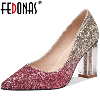 

FEDONAS Fshion AWomen Glitters Pumps Night Club Basic Concise Pinted Toe Casual New Sweet Shallow High Heeled Shoes Woman