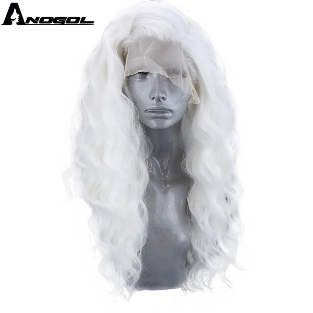 ANOGOL White Synthetic Lace Front Wigs Long Water Wave Wig for Women with Free Part High Temperature Fiber