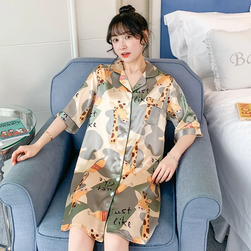 

[Temperature Attitude Warm] Spring Summer Pajamas WOMEN'S Cardigan Long Sleeve Mid-length-Printed Thin Shirt Nightgown