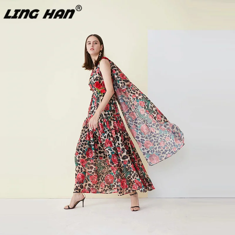 LINGHAN элегантный розовый Леопардовый принт макси платья для женщин с v-образным вырезом 3D Наклейка Большой маятник длинное платье дизайнер