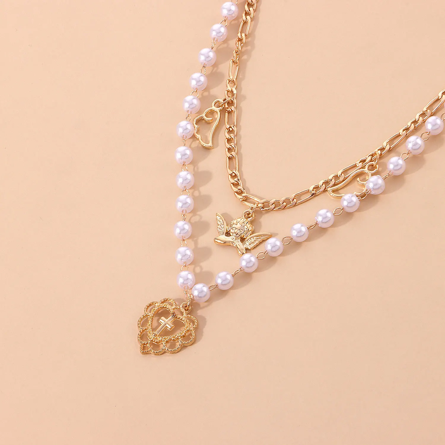 Retro Cross Heart Angel Wings Pendant 