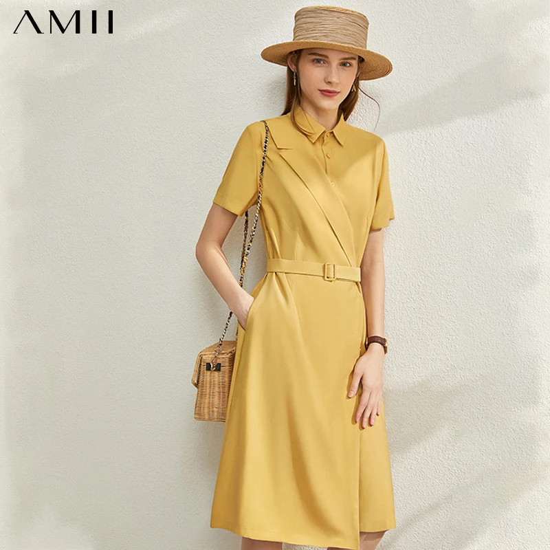 AMII Minimalism Spring Summer Fashion Solid Spliced Women Dress Causal High Waist Lapel Belt Knee-length Female Dress 12030095 AMII Minimalism Spring Summer Fashion Solid Spliced Women Dress Causal High Waist Lapel Belt Knee-length Female Dress 12030095