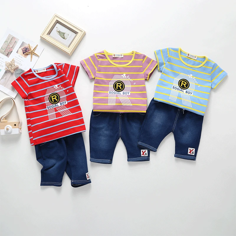 

Summer New Style Infants Short Sleeve T-shirt Two-Piece Set Korean Style Stripes Fashion Cowboy Small CHILDREN'S Combo 1-Piece W