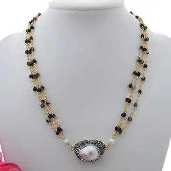 

19" 3 Strands White Keshi Pearl onyx chain Necklace