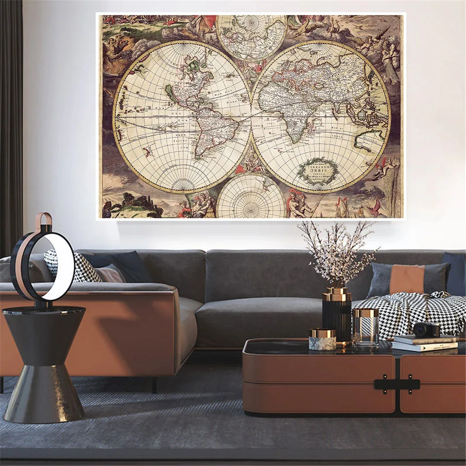 Vintage Map of World Non-woven Canvas Painting Medieval Latin Art Poster Living Room Home Decor School Supplies 150*100cm