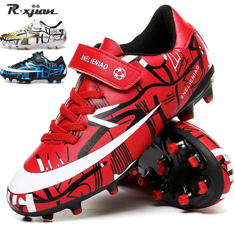 Children's Soccer Shoes Long Spikes Ankle Football Boots TF/FG Outdoor Grass Cleats Football Shoes chuteira futebo Size 30-37