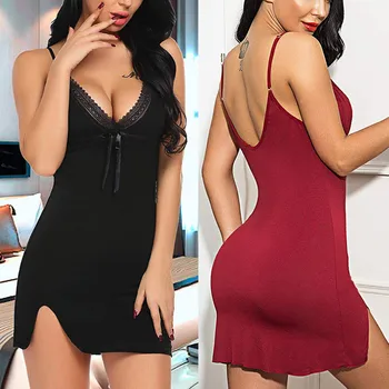 

Sexy nightwear night dress Women Cotton summer Sleepwear V Neck Chemise Nightgown Lace Lingerie Full Slip night Dress#