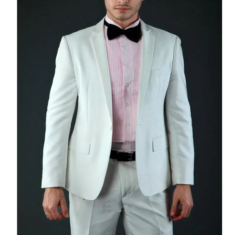 

Temperament Style White Notched Lapel One Button Three Pockets Groom Tuxedos Wedding Groomsman Men Suits (jacket+pants)