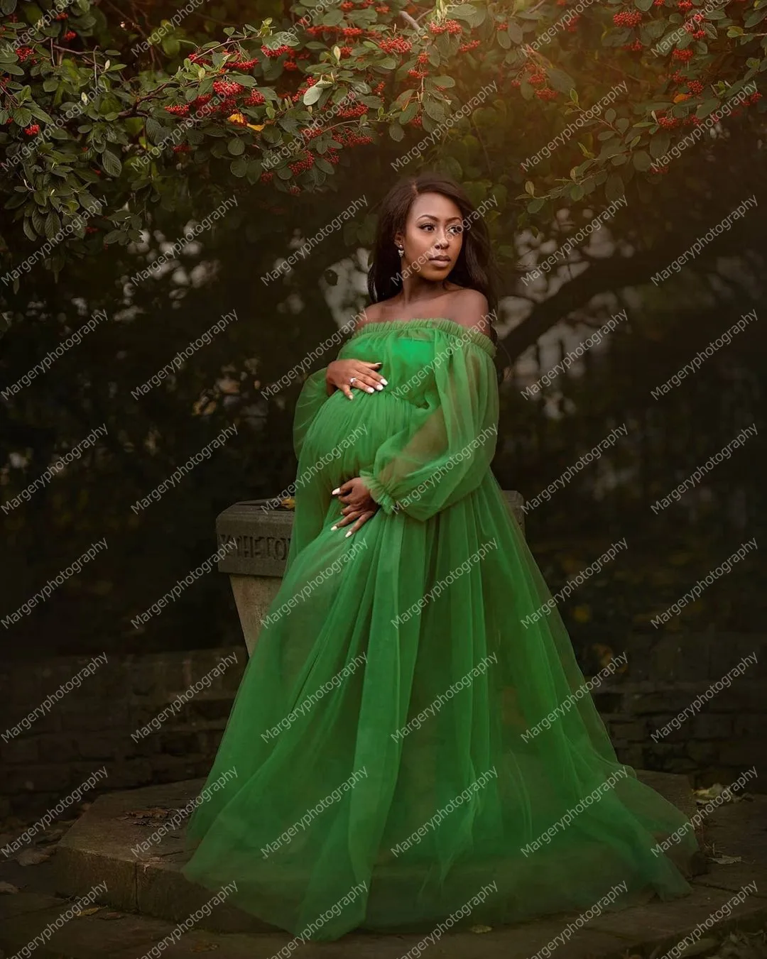 Chic Green Tulle Pregnancy Gowns Slash 