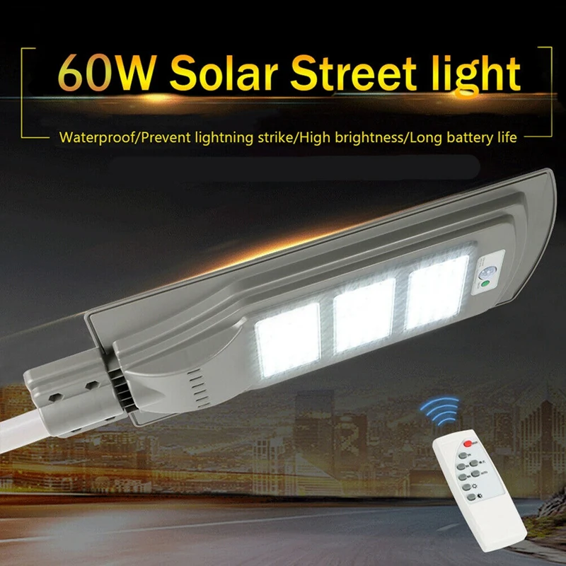 

60W Solar Street Light With Remote Controller and Light Arm Waterproof Outdoor Garden Pathway Parking Lot Light
