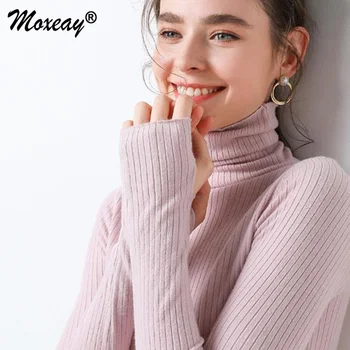 

Moxeay Turtleneck Sweater Female Knit Pullover Solid Long-sleeved Sweater Female Autumn Winter Knitted Pullover Tops Thumb Hole
