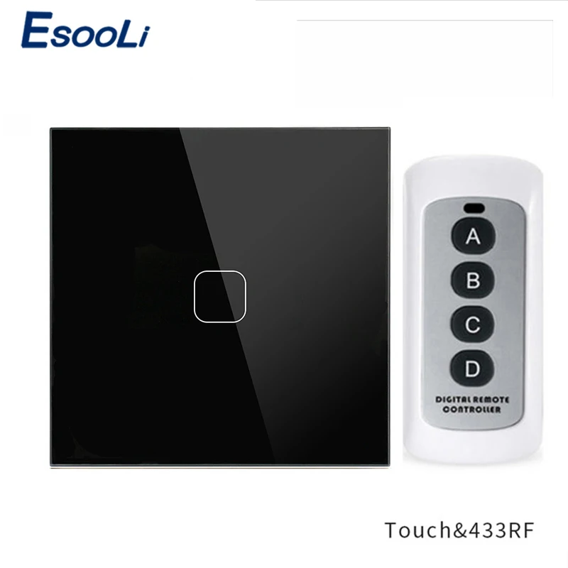 1 Gang Black Remote Esooli ЕС стандарт 1 банда 2 банды 1 способ дистанционное управление переключатель Роскошный Кристалл Стекло нормальный сенсорный переключатель держатель - Цвет: 1 Gang Black Remote