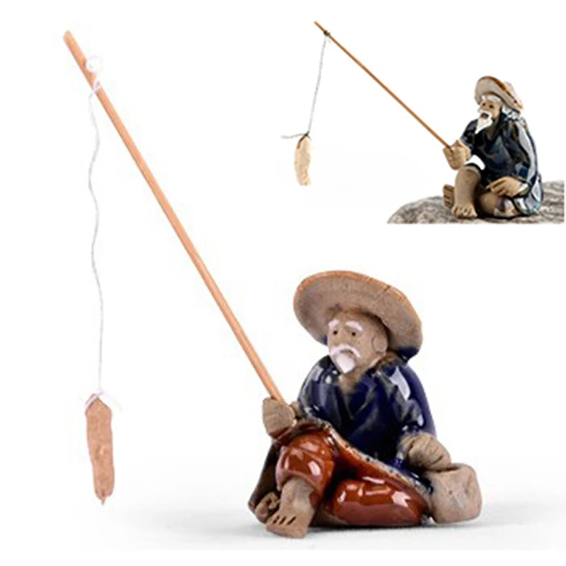 Fishing Old Man Resin Figure Statue Sitting Garden Ornament Outdoor