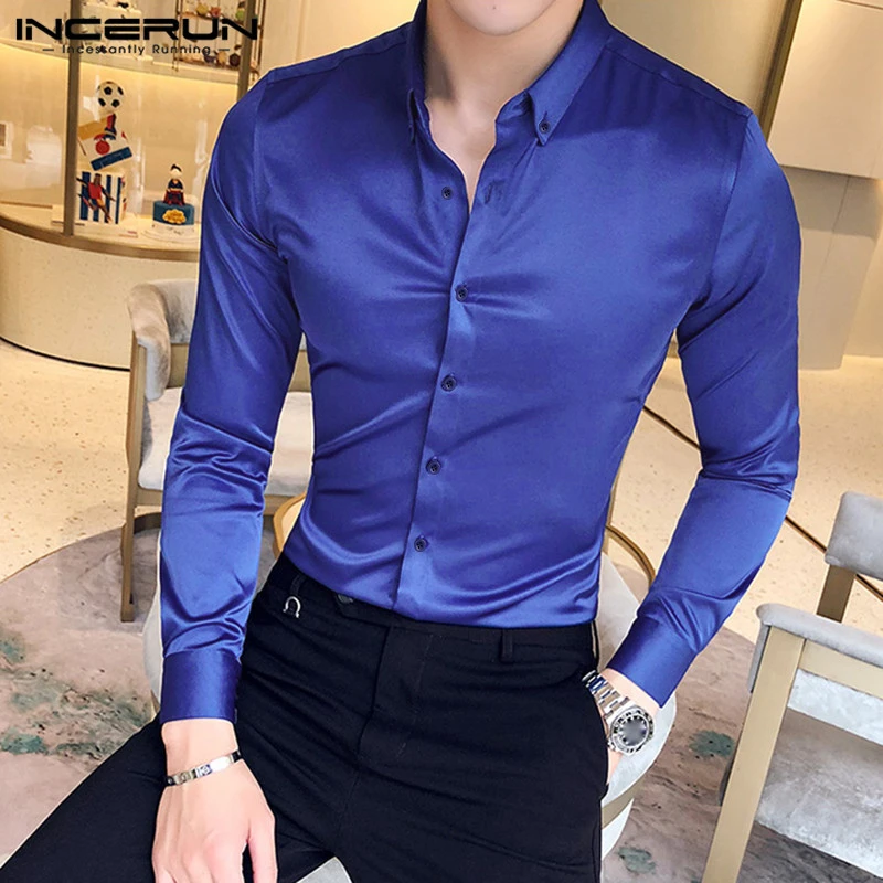 Moda hombre Camisa de vestir de marca seda satén solapa blusa sólida manga larga Social negocios camisas hombres Masculina 2020 INCERUN|Camisas - AliExpress