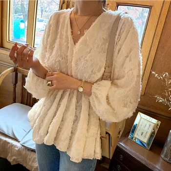 

2020 spring summer women tassel blouse elegant sexy v-neck ruffle blouse casual tops RU365