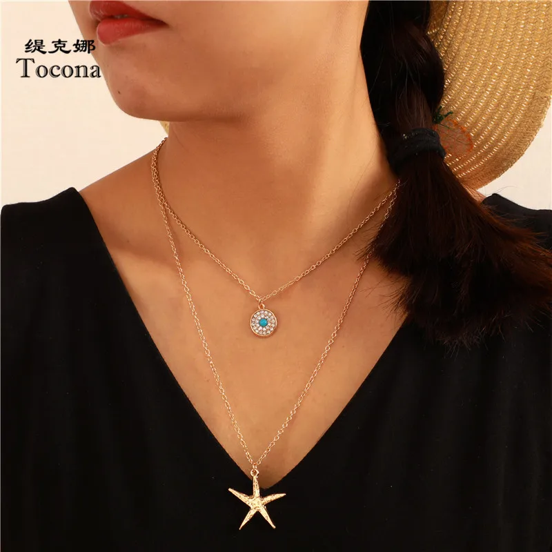 

Tocona Charming Bohemian Gold Color Starfish Summer Pendant Necklace for Women Multi-layer Chian Chocker Jewelry Gift A35405
