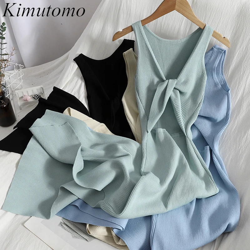 Kimutomo Chic Twisted Hollow Sexy Dress Women Korean Split Knit Long Summer Mixi Dresses Solid Color Sleeveless Robe Longue | Женская
