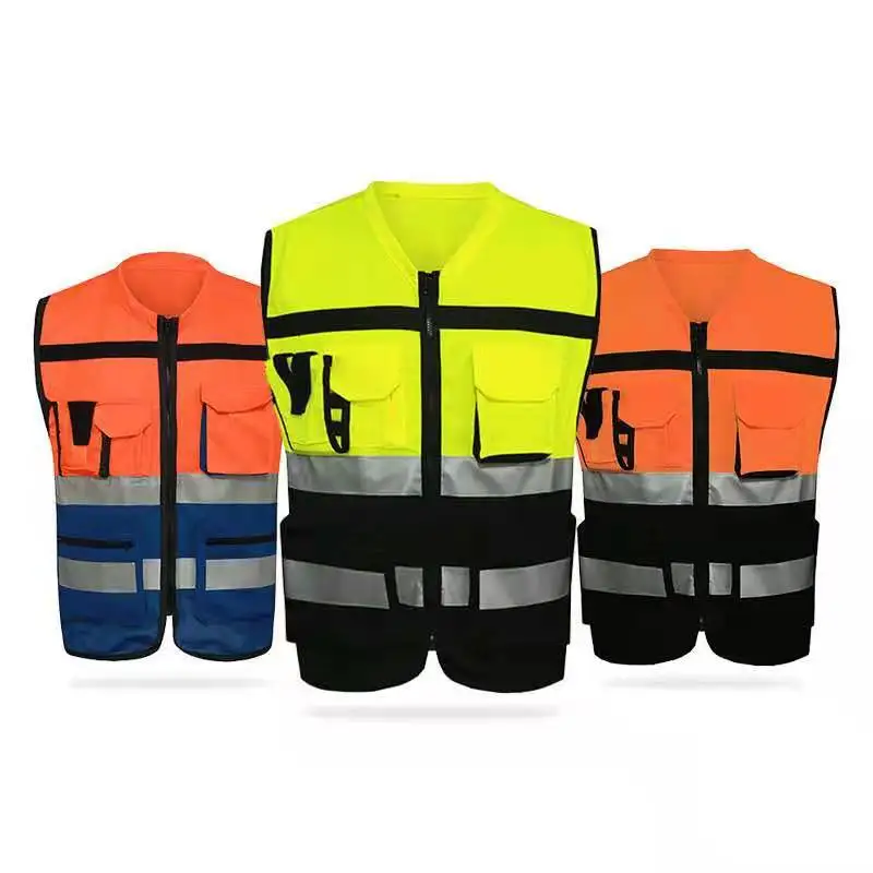 Safety Vest Class 2 High Visibility Fully Closure Zipper With Multi Function Pockets Reflective Strips Construction Outdoor Men