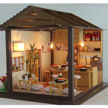 

DIY LED Japanese Sakura Sushi wooden diy dollhouse diy doll house miniature dollhouse furniture Kit funny children stay home Toy