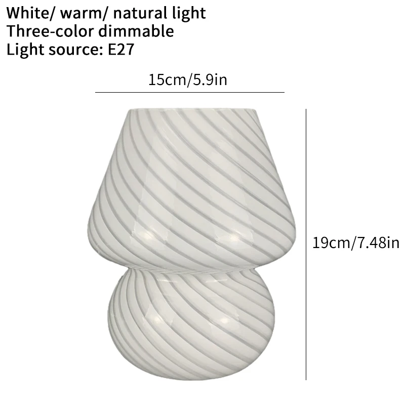 Glass LED Desk Lamp For Bedroom Bedside Korean Modern ​Striped Mushroom Table Lamp Decor Cute Glass Translucent Bedside Lamp