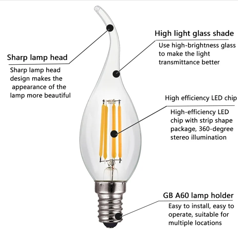 10 шт./лот светодиодный лампы в форме свечи лампы E14 4W 8W 12W AC 220V 230V Ретро стеклянная лампа Эдисона под старину Винтаж C35 C35L нити светильник 360 градусов