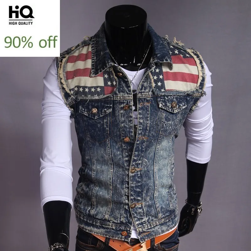 

England Style Vintage Pattern Denim Vest Men Sleeveless Washed Tops Coats Men Retro Ripped Hole Hip Hop Slim Jacket Outwear